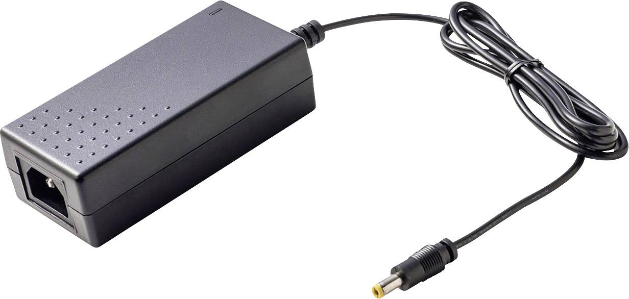 Black power supply with a cable and a round plug. Suitable for powering electronic devices.