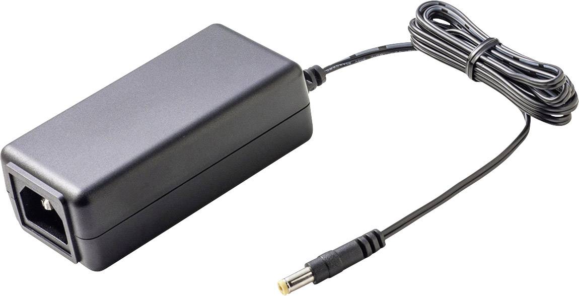 Black power supply with cable and yellow connector. Suitable for electronic devices such as laptops or monitors.