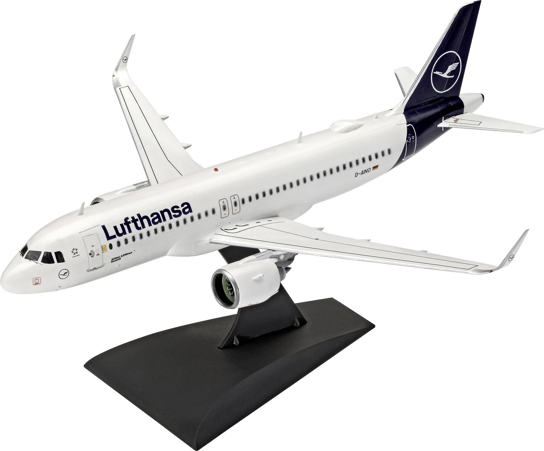 A Lufthansa model aircraft at a scale of 1:200 on a black stand, displaying a typical passenger aircraft design.