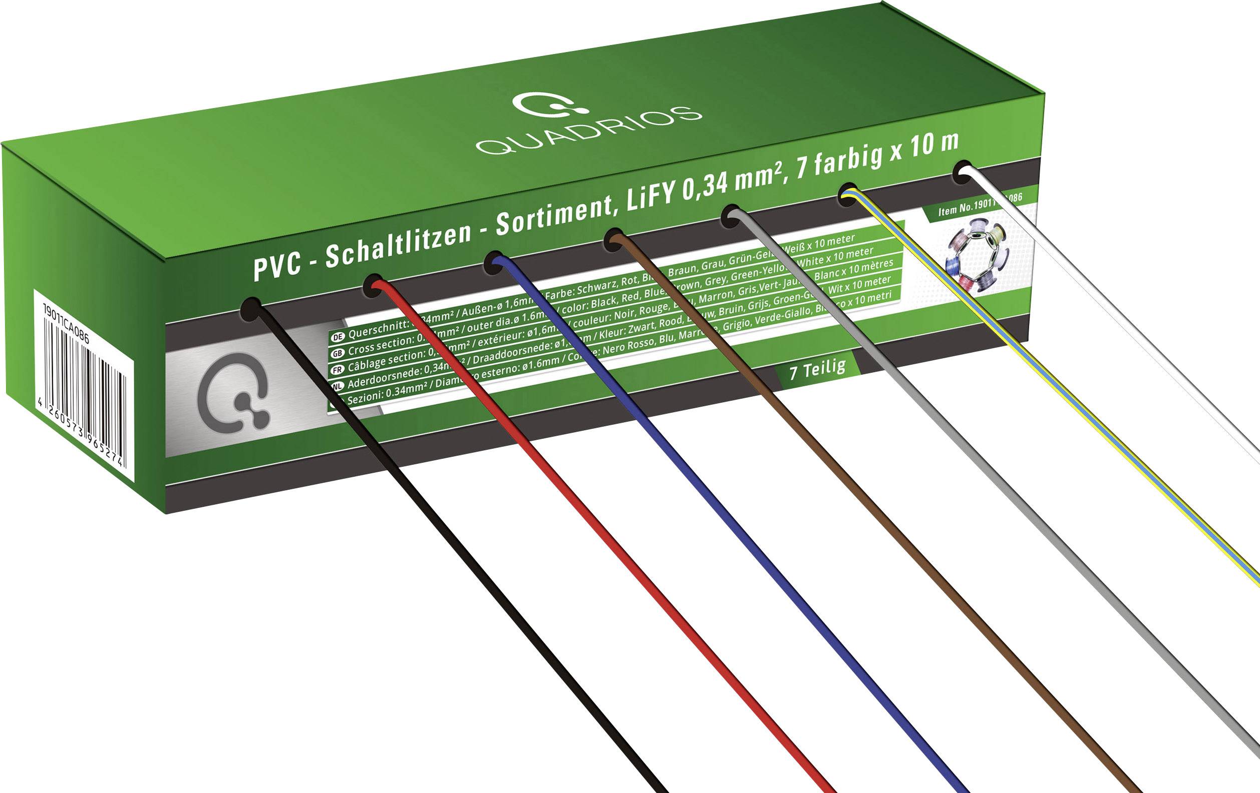 Seven coloured PVC connection wires on a reel in a green 'Quadrios' carton, suitable for electrical applications, 0.34 mm², 10 m.