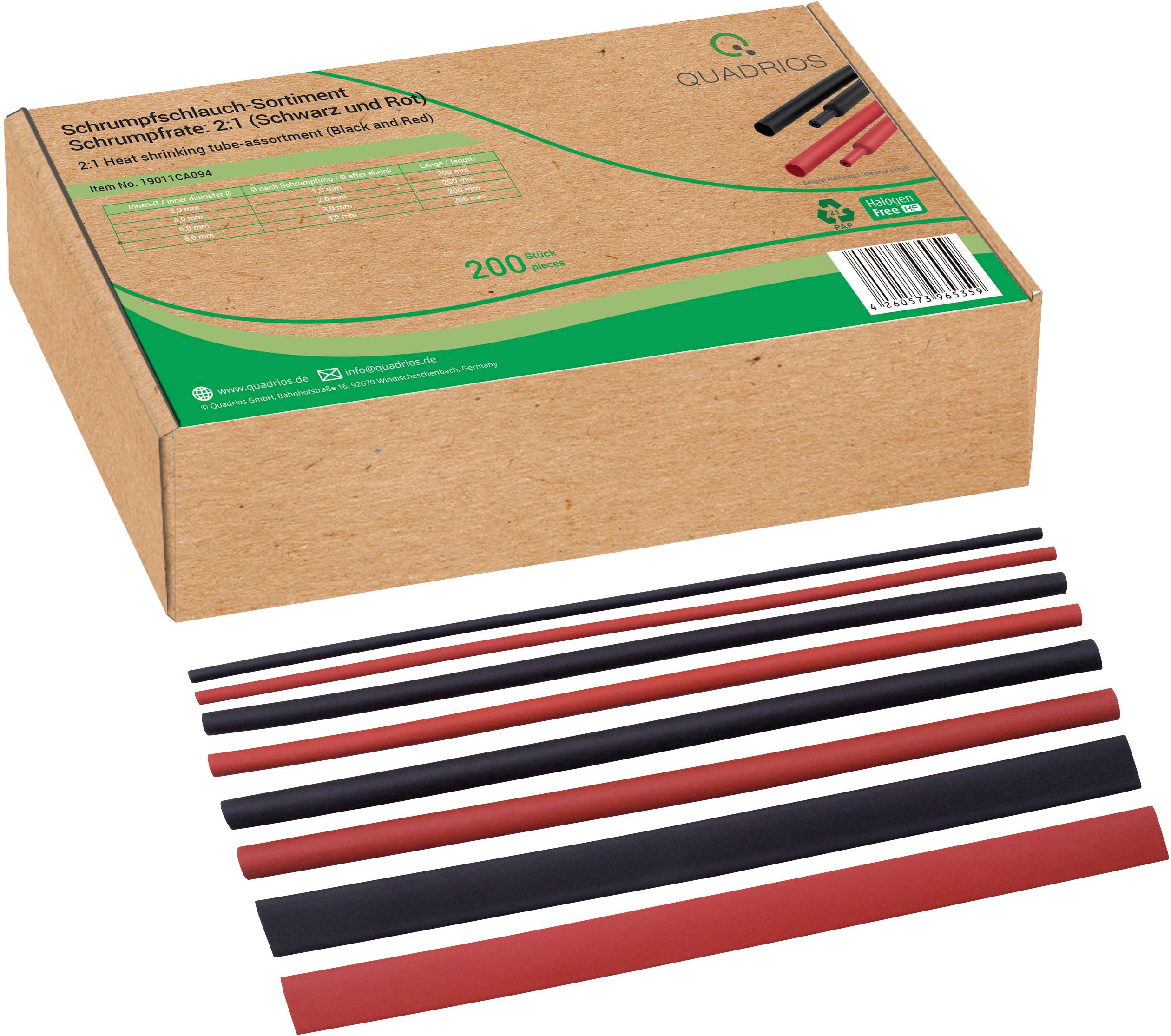 A box containing a heat shrink tube set in black and red, with a total of 200 pieces. Several heat shrink tubes are laid out next to the box.