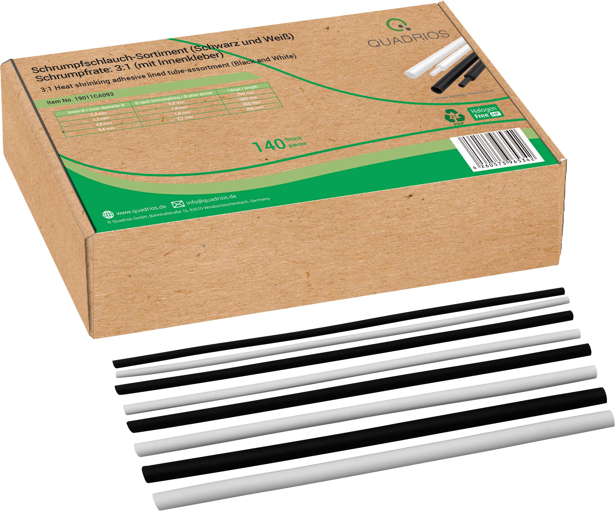 'Quadrios heat shrink tubing range' displayed on brown cardboard, featuring black and white tubing, containing 140 pieces.