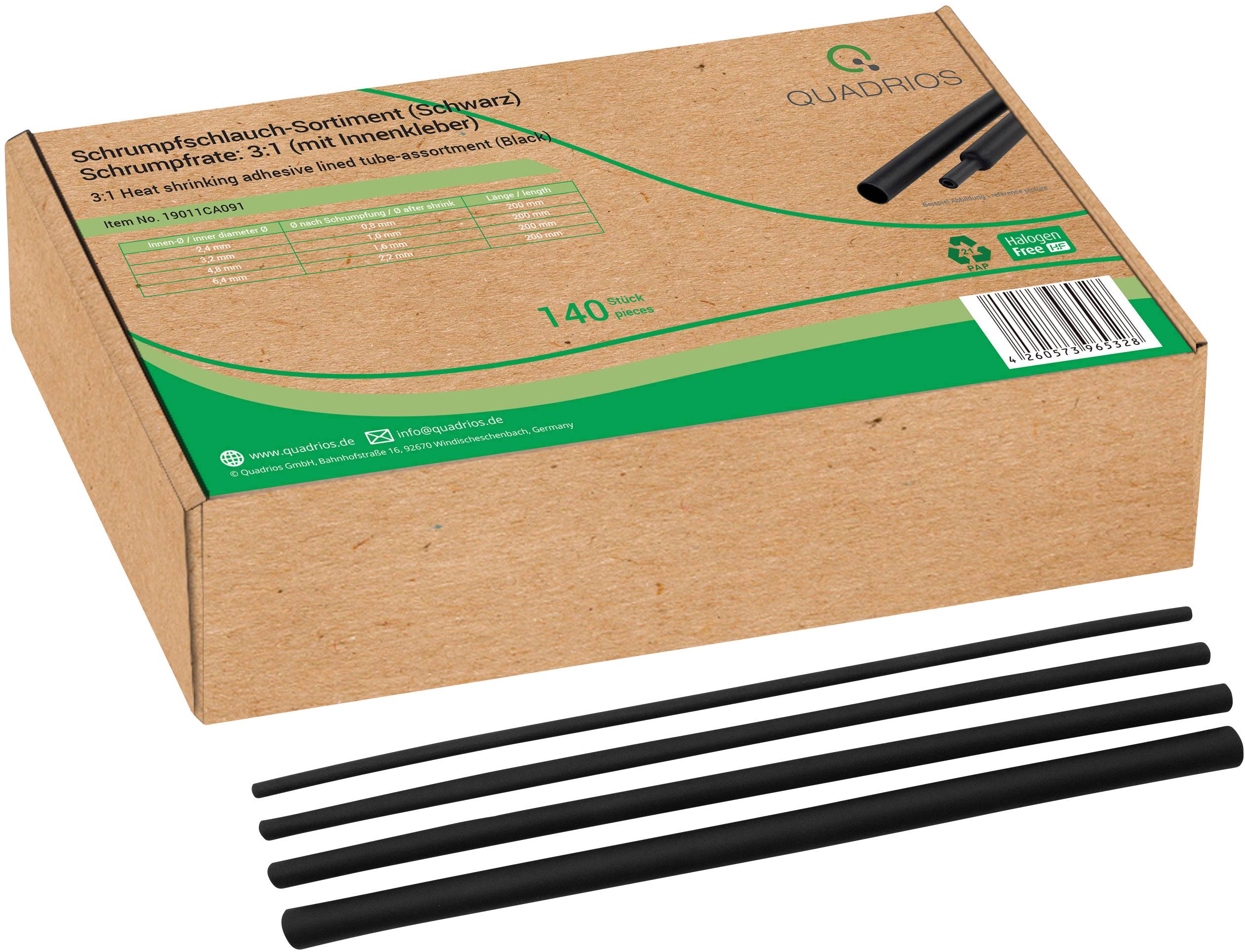 A packet of Quadrios heat shrink tubing assortment 3:1 with five black tubes, ideal for insulating and protecting cables.