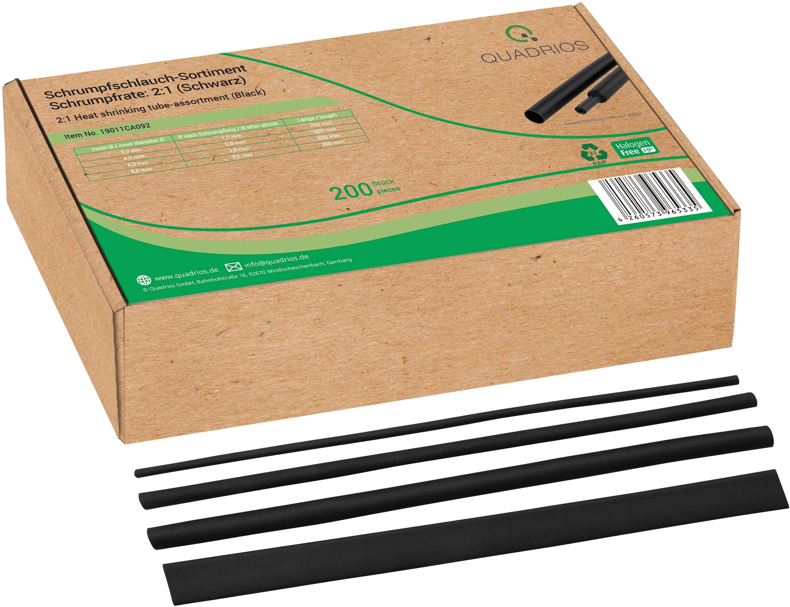 A brown box of heat-shrink tubing '2:1', black, brand Quadrios. Box contains 200 pieces, recycling symbol visible.