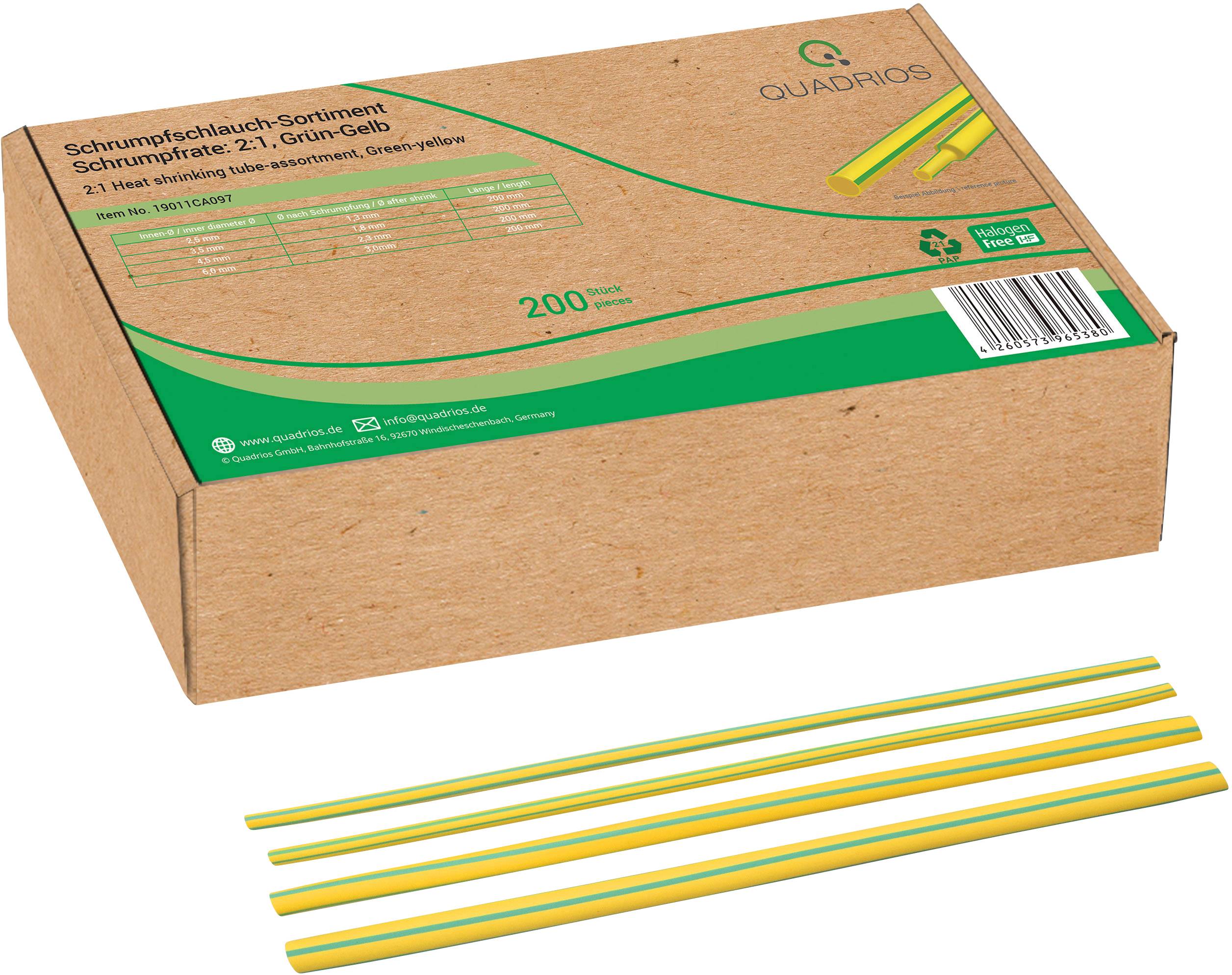 'Heat Shrink Tube Assortment, 2:1, Green-Yellow, 200 Pieces in Cardboard Packaging' by Quadrios. Contains green-yellow heat shrink tubes.