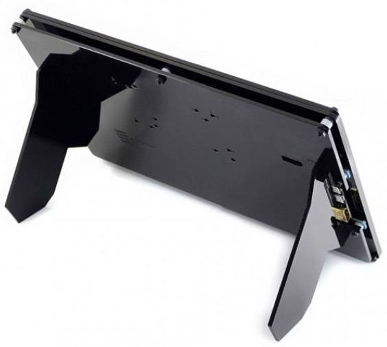 A black picture frame or monitor stand made of plastic stands upright on two trapezoidal legs.