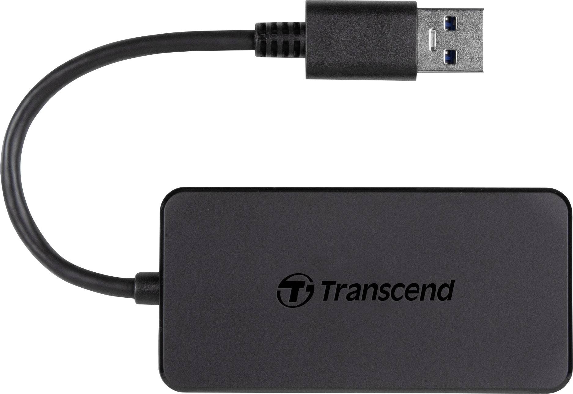 External hard drive with USB cable, black casing, Transcend brand logo; for data storage and transfer.