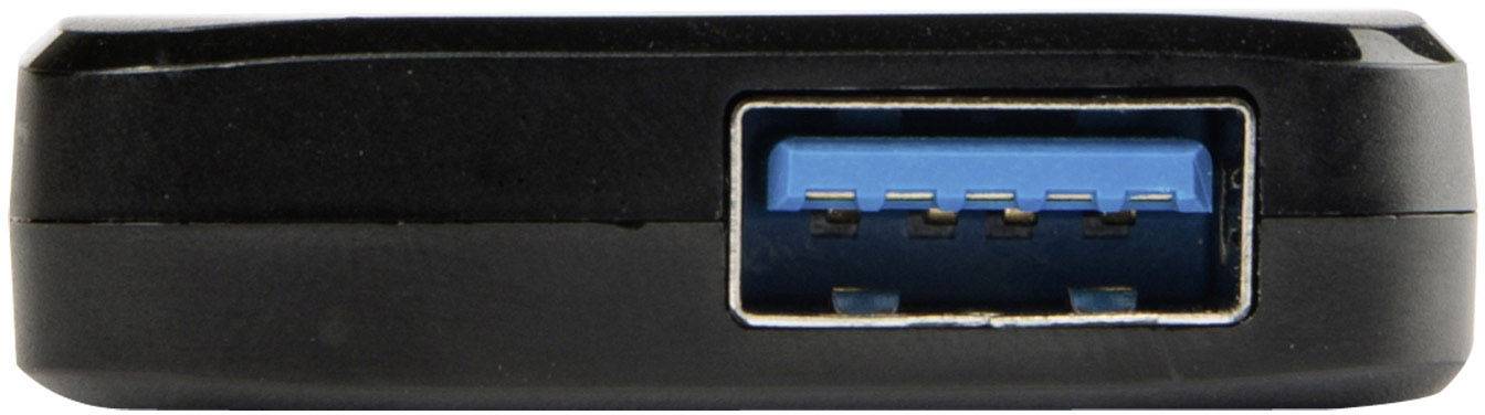 Black USB hub with a blue USB port in the centre, front view. Used for connecting devices via USB.