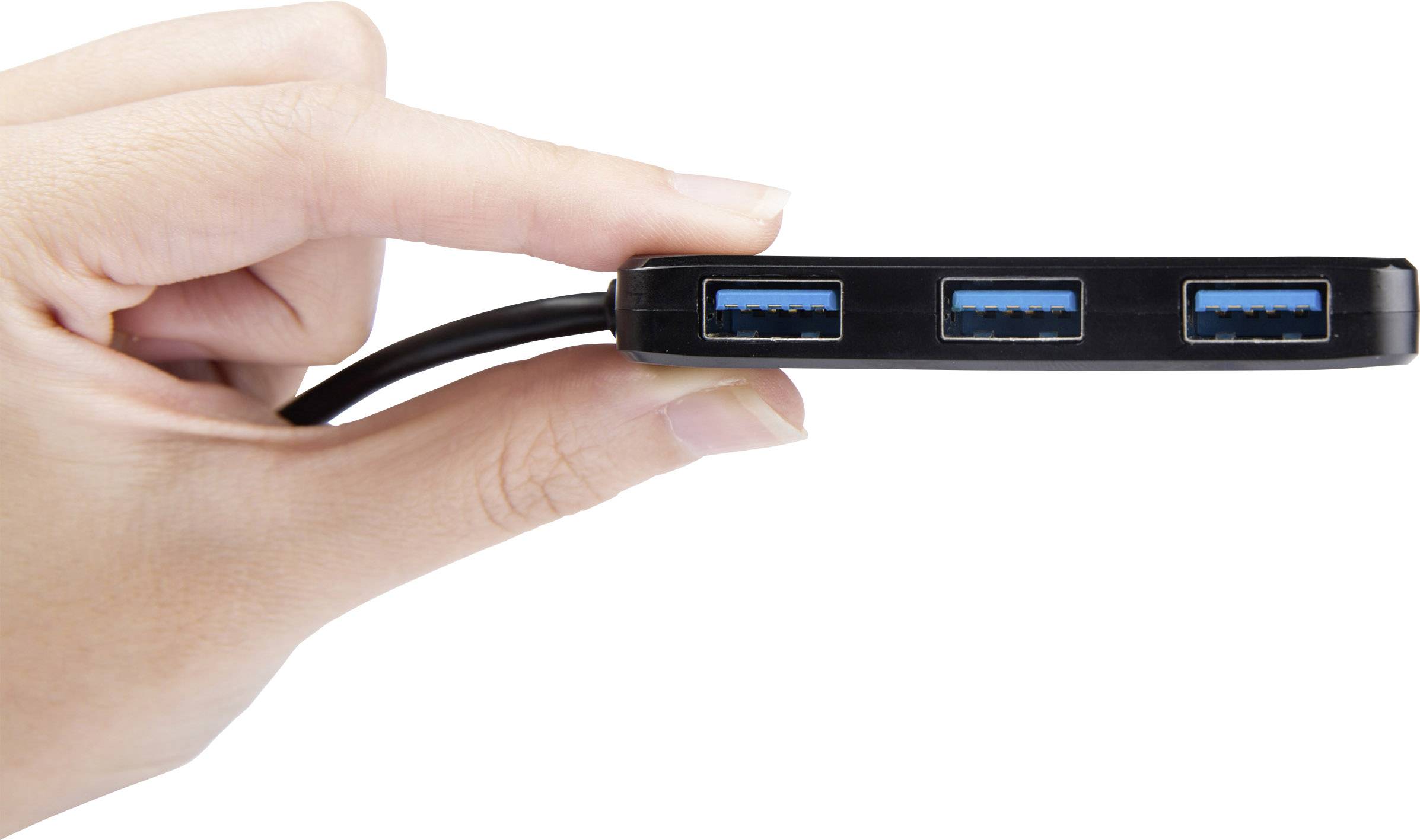 A hand is holding a compact USB hub with three USB ports.