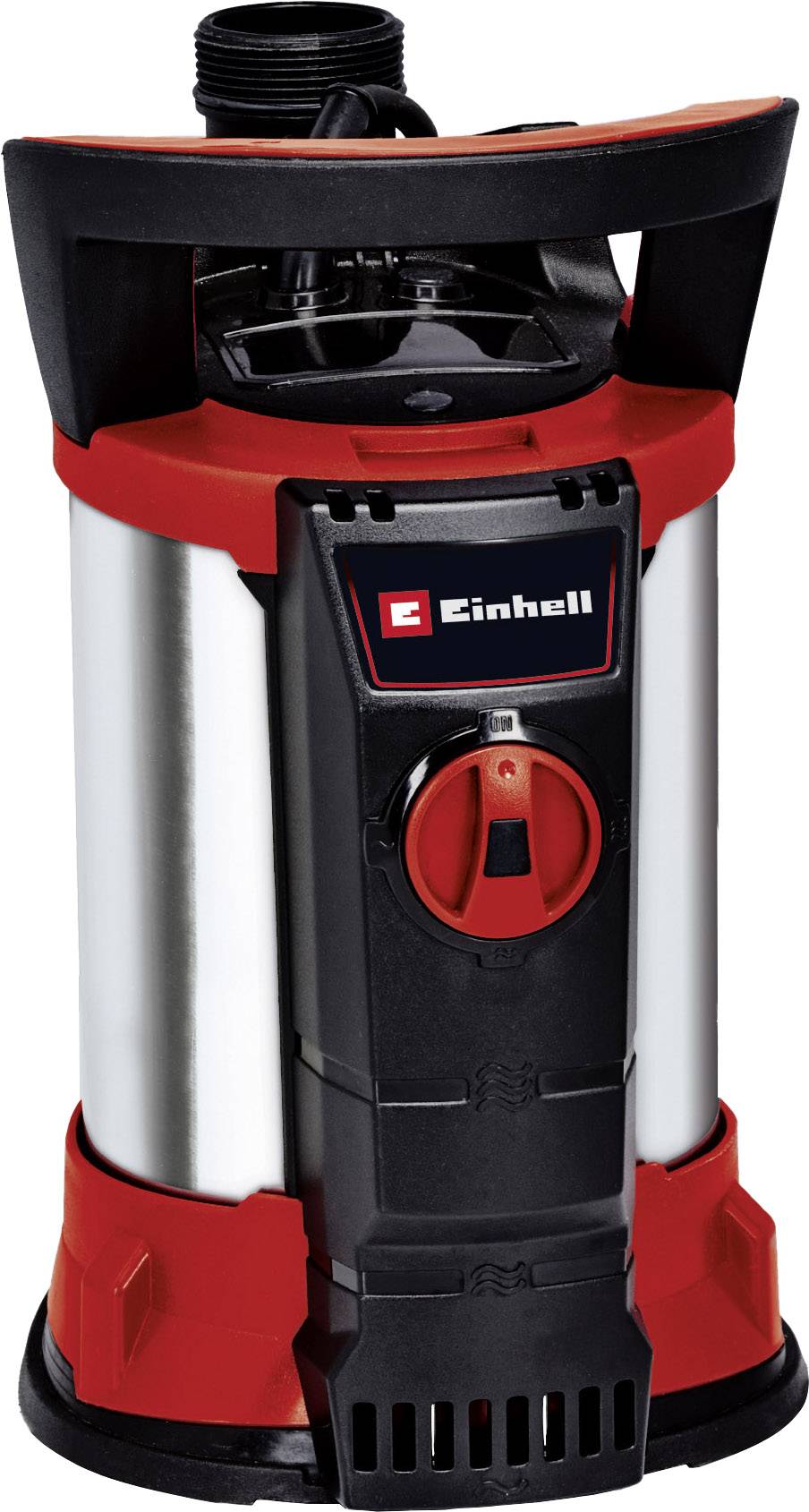 Einhell water pump in black and red, with a stainless steel casing and carrying handle, suitable for water transfer in home and garden.
