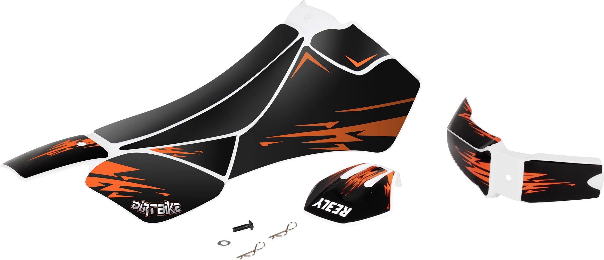Motorcycle Decal Kit in Black and Orange with Graphic Patterns. Includes Stickers for Various Parts and Bolts.