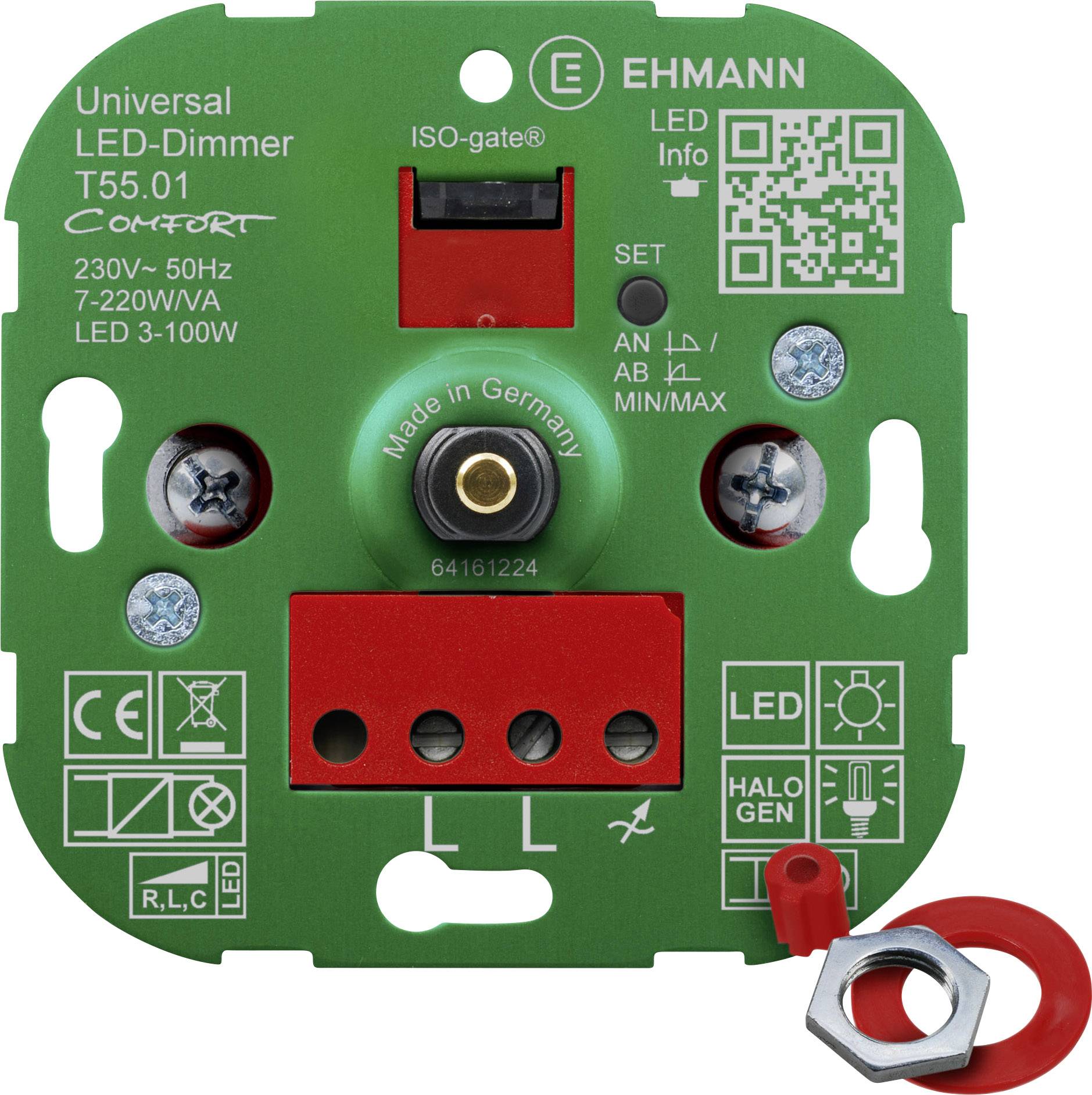 Universal LED Dimmer T55.01 by EHMANN, green base, 230V-50Hz, for 7-220W/VA LED, 3-100W, Made in Germany.