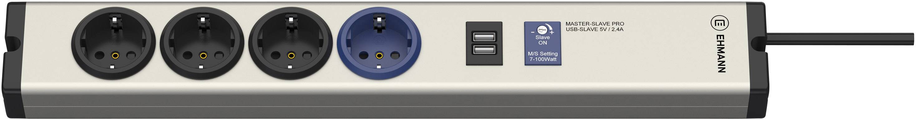 Four-socket extension lead with one blue socket and two USB ports.
