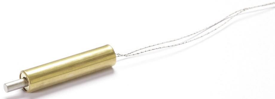 A cylindrical, brass-coloured pin with two silver wires at one end, often used in electronic applications.