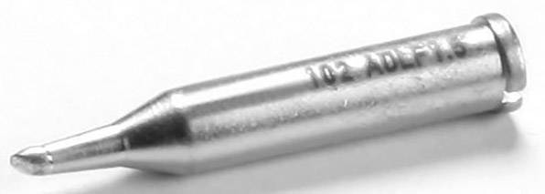 Soldering iron tip in close-up, cylindrical shape, mostly made of metal. It is essential for melting solder for precise work.