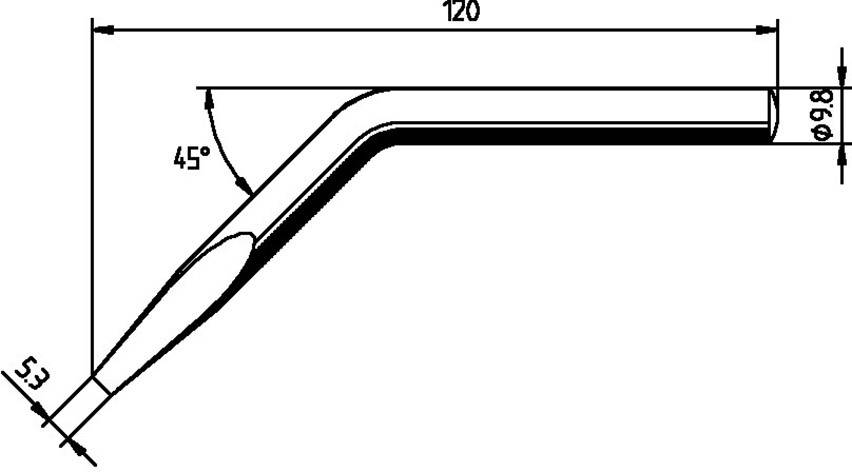 Technical drawing of a curved pipe with a length of 120 mm, a diameter of 9.8 mm, and a 45-degree angle.