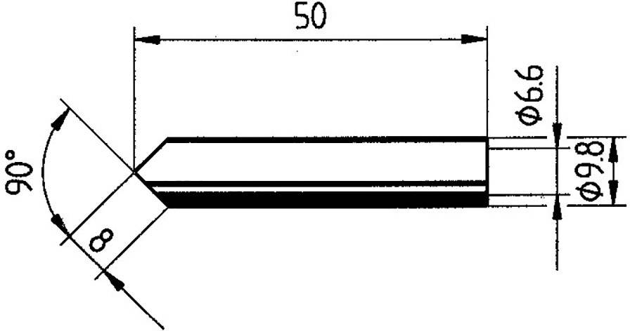 Technical drawing of a metal pin with dimensions: length 50 mm, diameter 6.6 mm, conical tip 90 degrees, steps 8 mm and 9.8 mm.