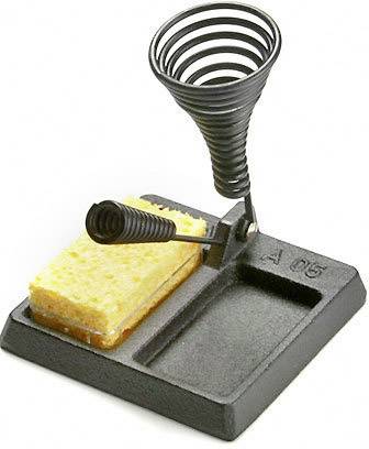 Soldering iron stand with sponge and spiral spring for secure placement of a soldering iron.