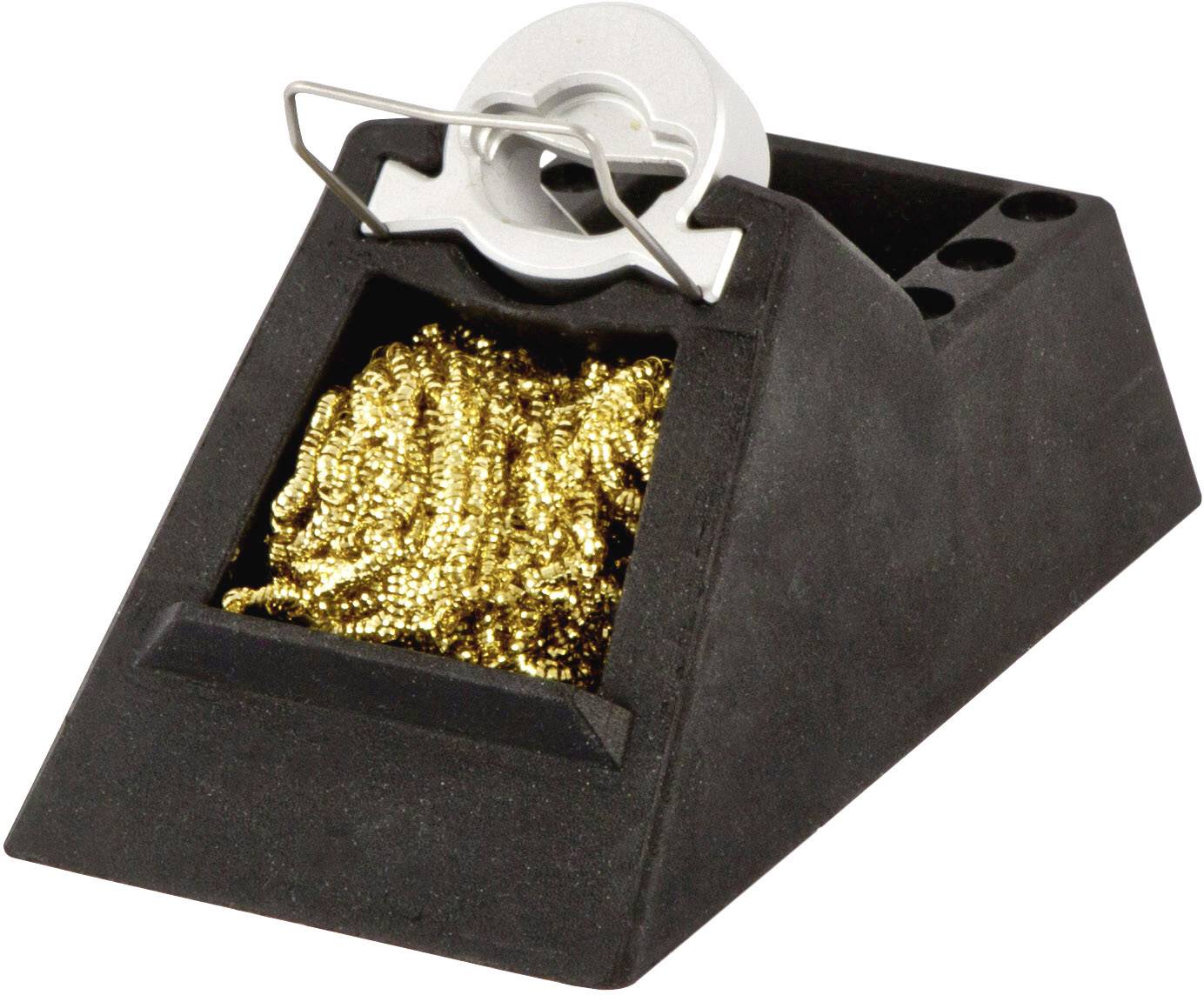 A black soldering station holder with a brass cleaning sponge bed, with a silver rest for the soldering iron above it.