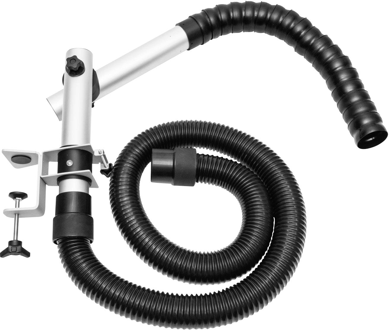 Black flexible extraction arm with a clamp for mounting on a surface, ideal for removing vapours or dust.
