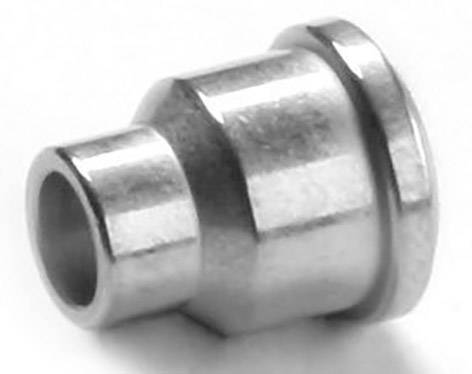 A metallic connecting piece with a cylindrical form and rounded edges, used for technical or industrial applications.