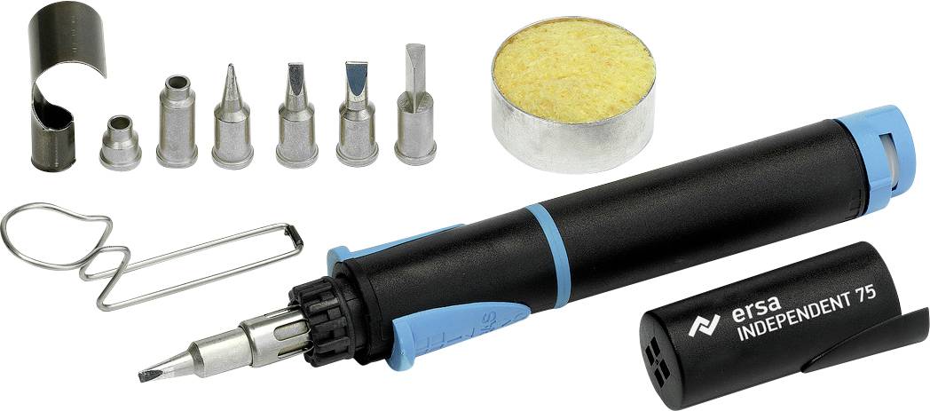 Soldering iron set with soldering tips, burner, cleaning sponge and cap. Brand names are visible on the burner and cap.