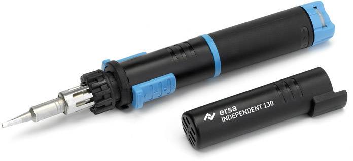 A black gas soldering iron 'ersa INDEPENDENT 130' with blue accents and removed cap, depicted on a white surface.