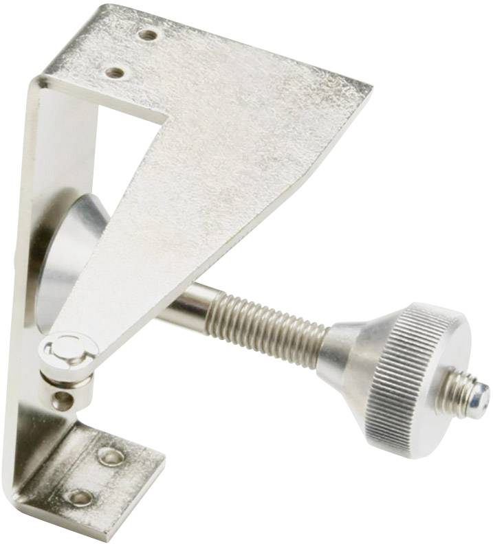 Metal mounting bracket with adjustable thread and knurled wheel, likely for securing objects to a surface.