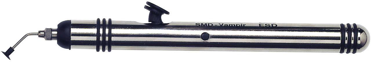 Soldering tool called 'SMD Vampire' with a curved metal arm and rubber tip, used for precise component placement.