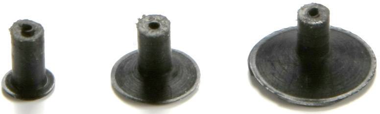 Three black rubber stoppers of varying sizes with round bases are positioned side by side on a white surface.