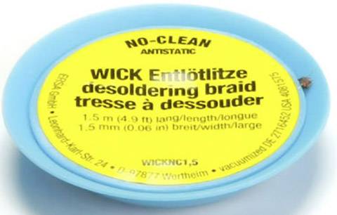 Round yellow packaging with the inscription 'WICK Desoldering Braid'. Contains size information: 1.5 m long, 1.5 mm wide.