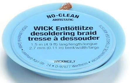Blue reel of no-clean desoldering braid, 1.5 m long, 2.7 mm wide. Brand name Wick, anti-static.