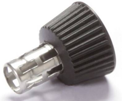 A knurled, black rotary knob with a silver metal pin that could be used for adjusting or securing.
