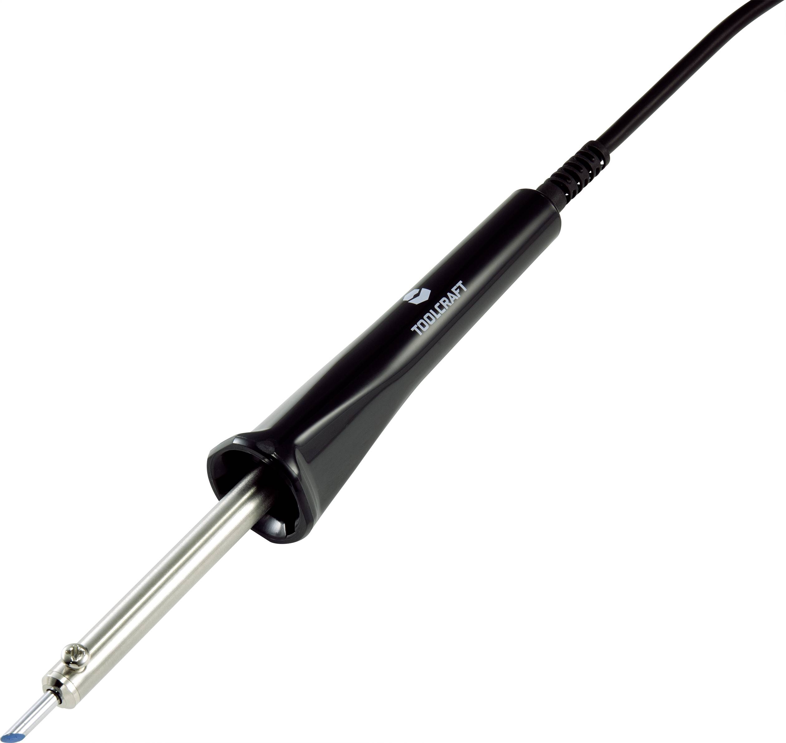 A black soldering iron with a silver tip, connected to a cable. Ideal for soldering electronic components.