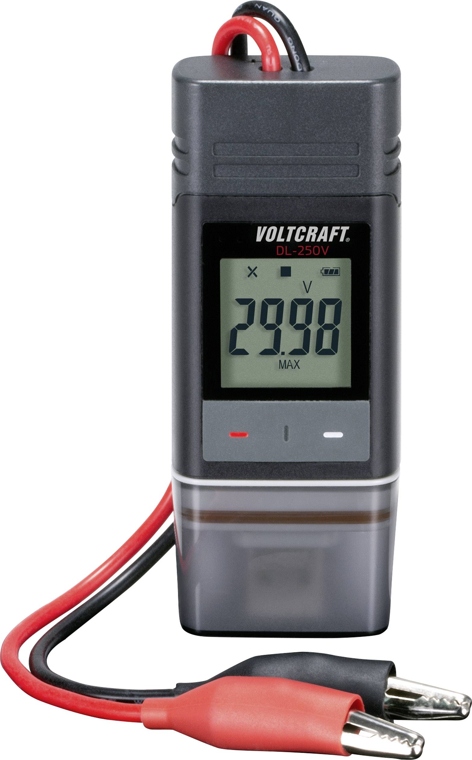 A digital voltage meter by Voltcraft, model DL-250V, displays a reading of 29.98 on the display.