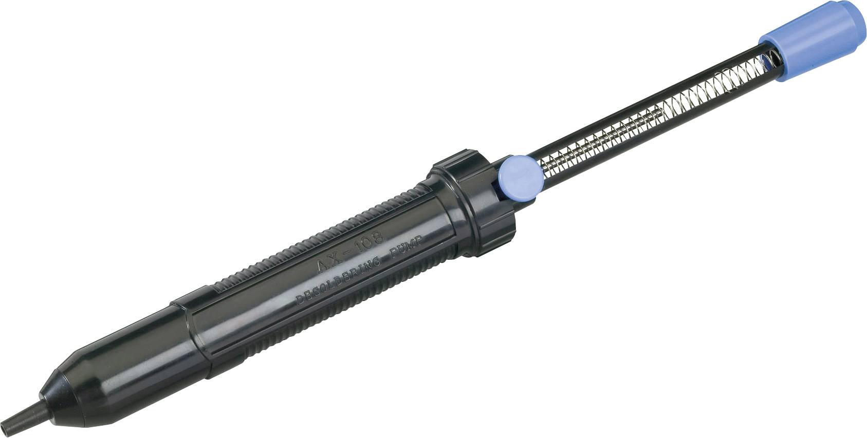 A black desoldering pump with a blue handle and push button; used for removing solder from electronic circuits.