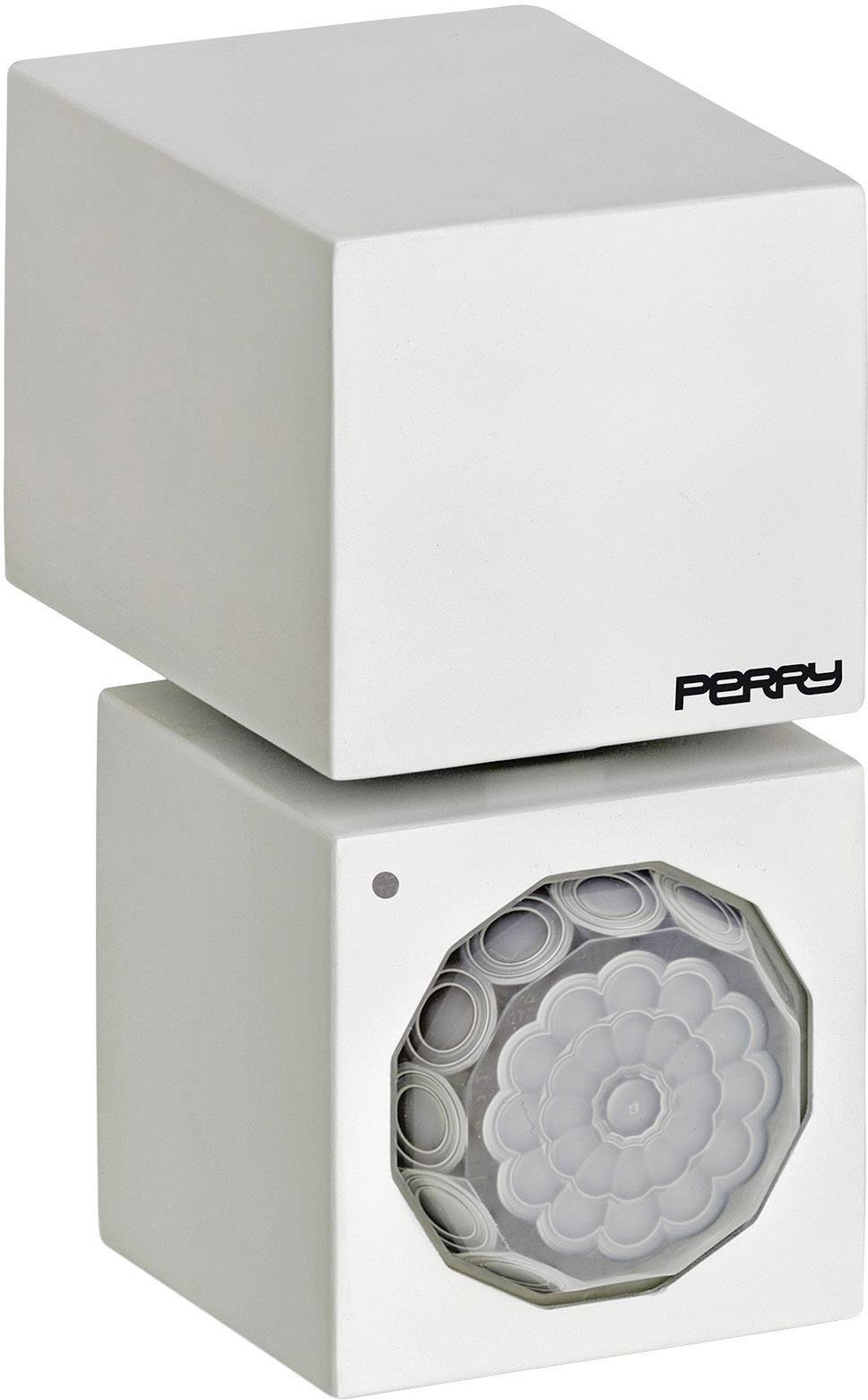 A white, square motion sensor with the 'Perry' print on the front.
