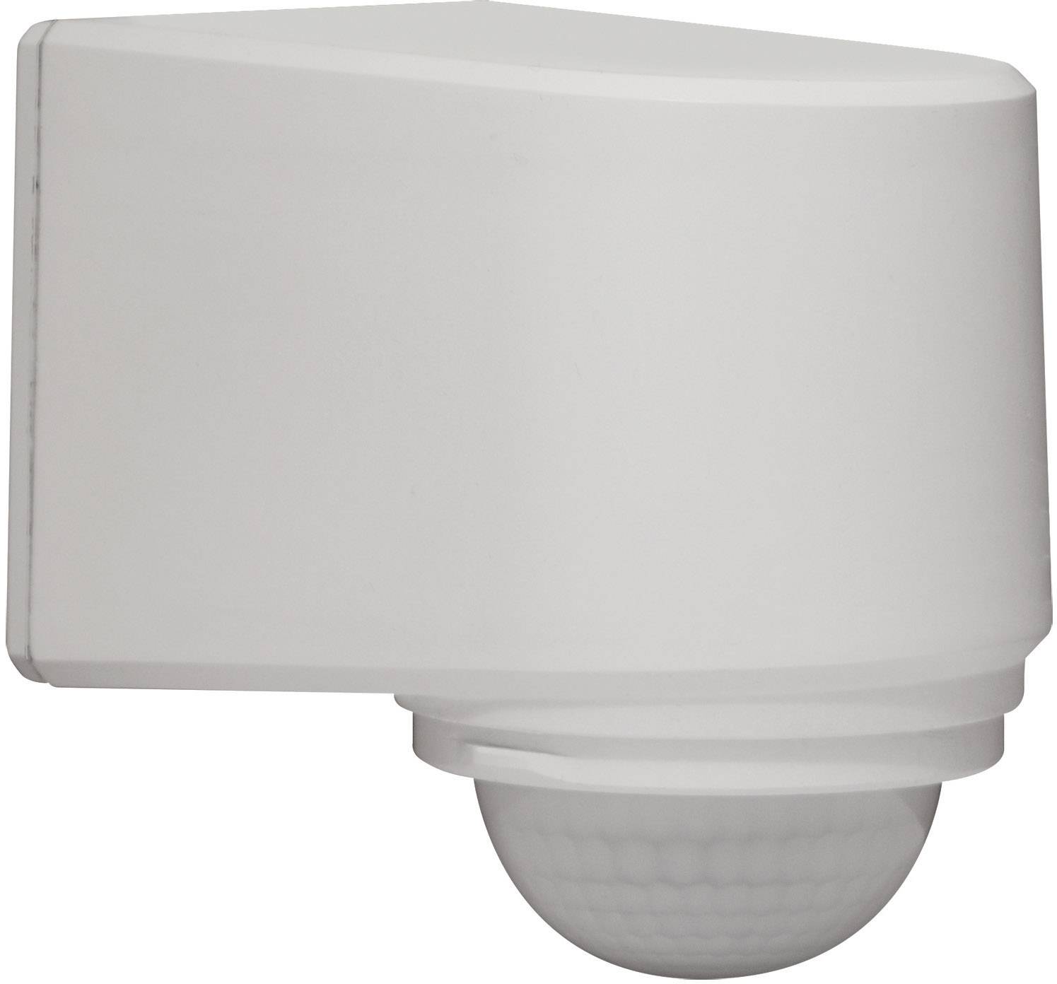 Motion sensor with a rectangular housing and hemispherical sensor, mountable on wall surfaces.