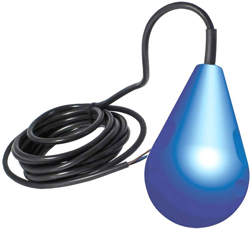 A blue float switch with a long, black cable coiled beside it. The switch is frequently used for level control.