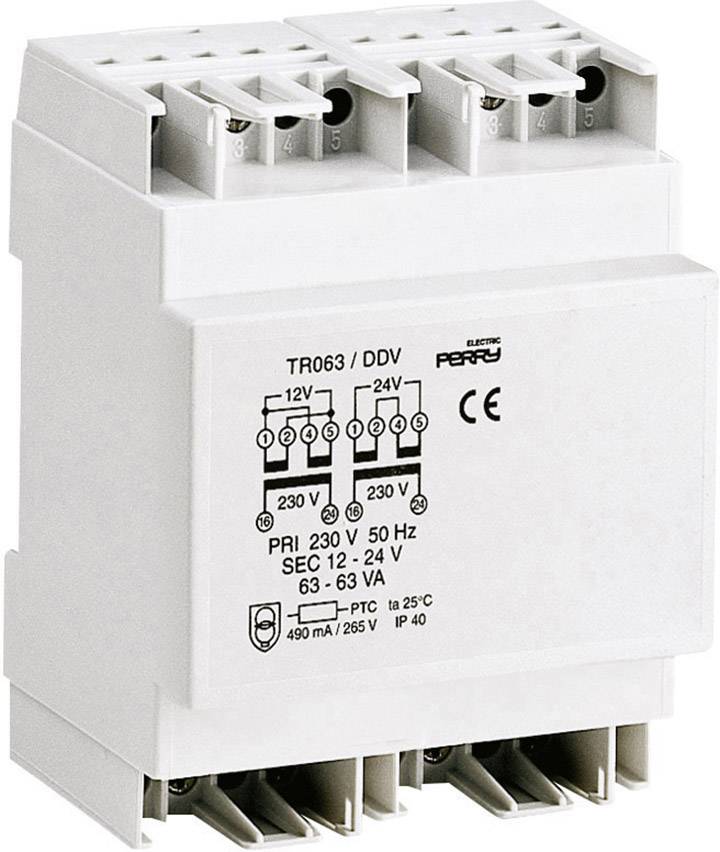 Electrical component, three-phase alternating current transformer, white plastic casing, technical specifications printed, marked with CE marking.