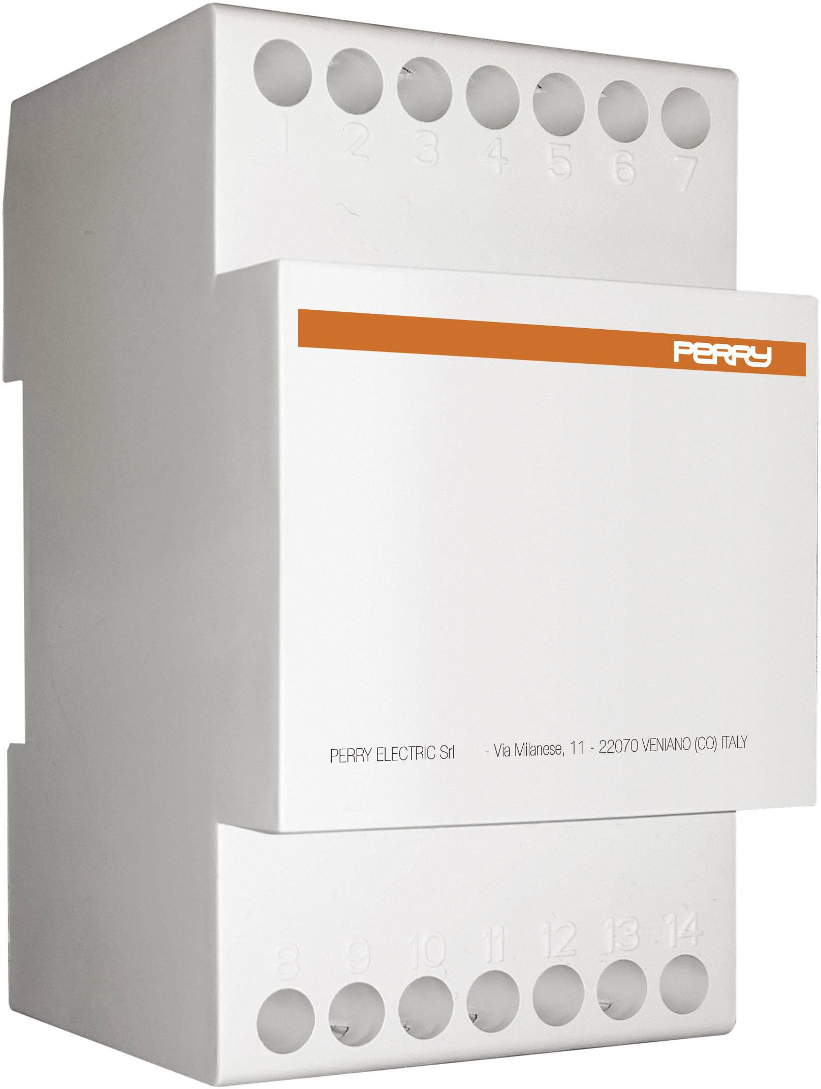 A white electrical component with multiple terminals, bearing the label 'Perry Electric Srl'.