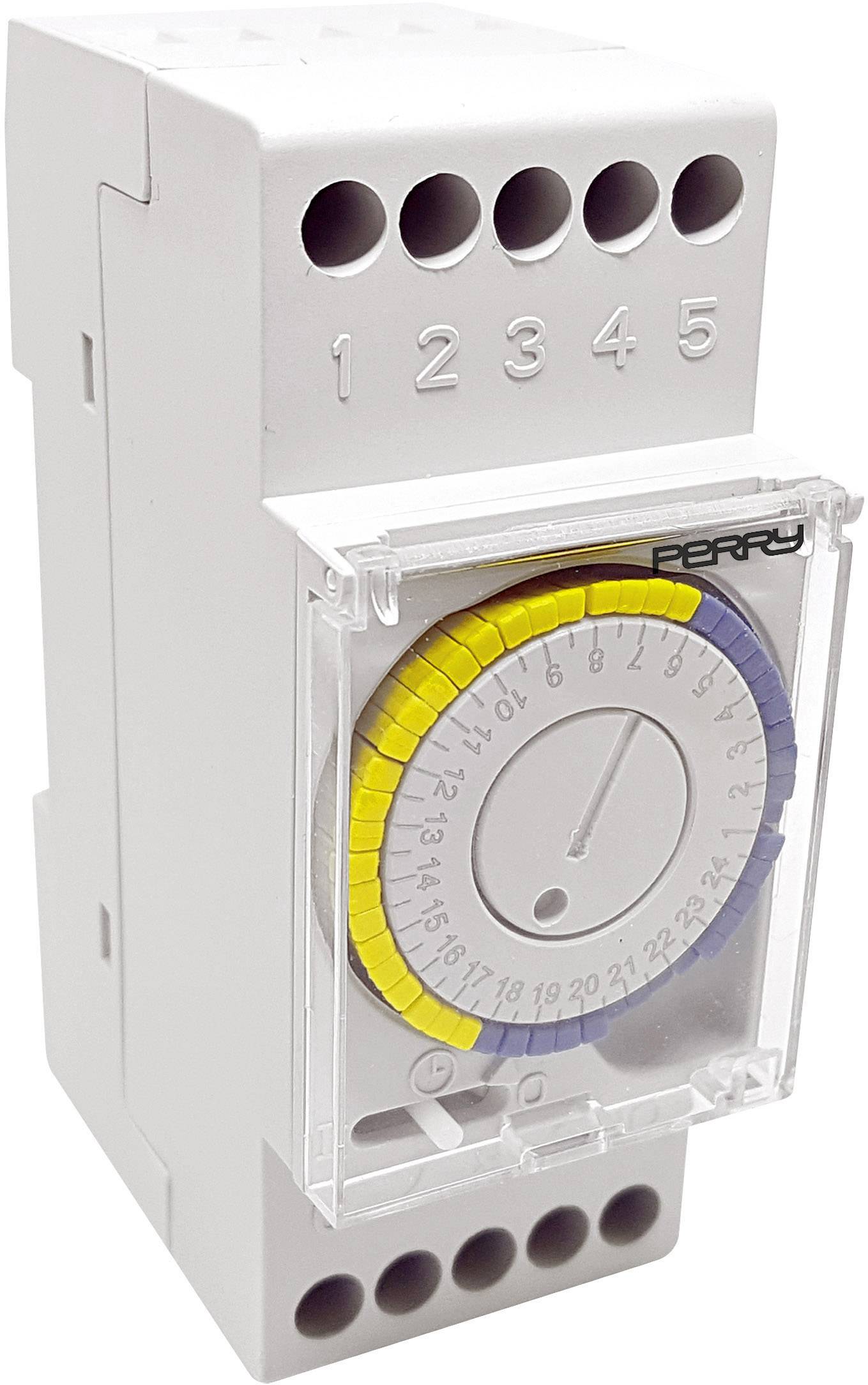 A white electric time switch with yellow and blue rotary controls, numbered from 1 to 24 for hourly settings.