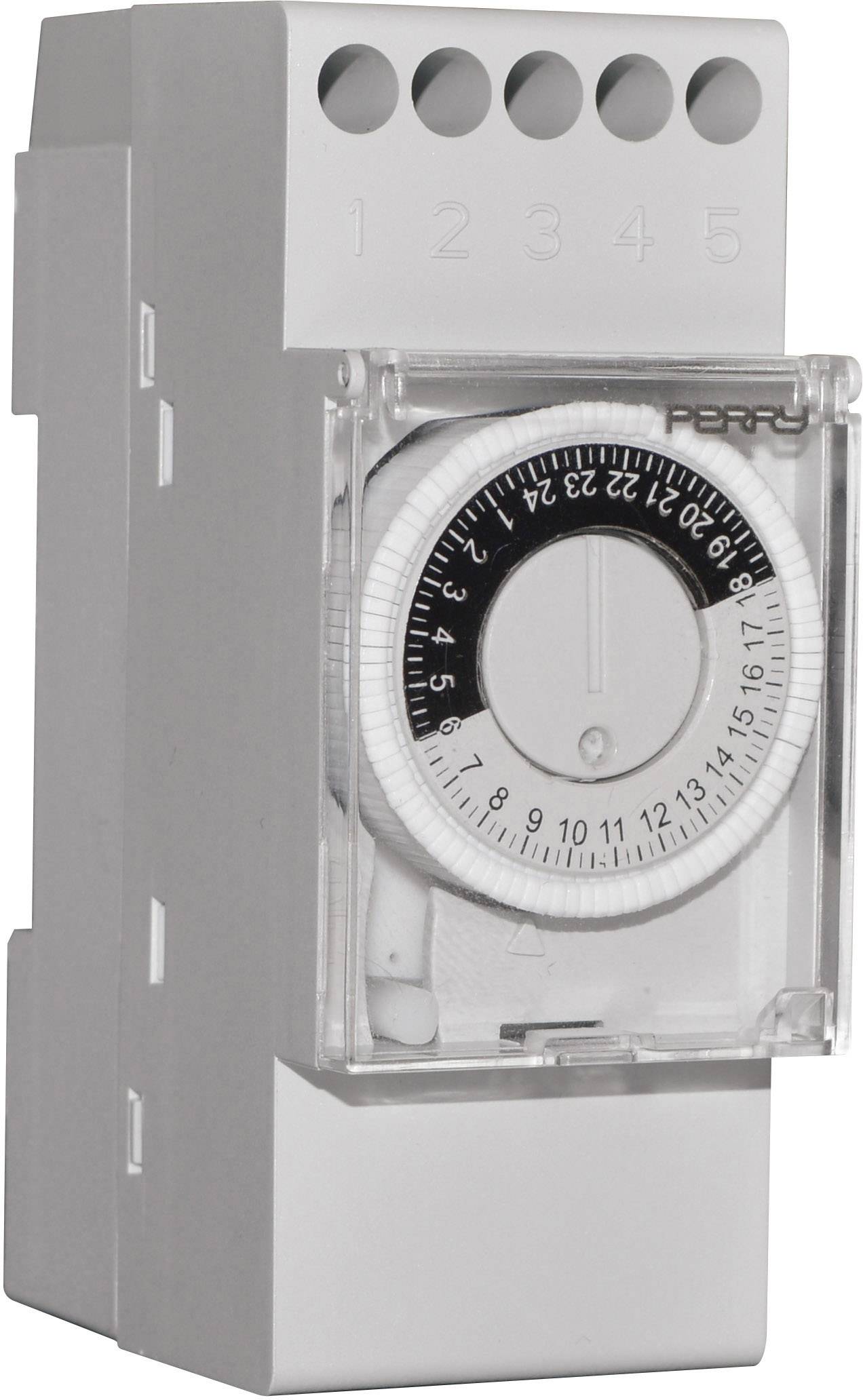 An analogue time switch with a rotatable dial. It displays numbers from 1 to 24 for the hours and has a transparent cover.