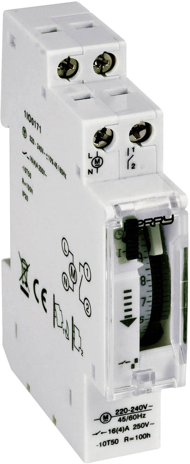 The image depicts an electric timer protection switch with CE marking, suitable for 220-240V and 16A. It features adjustable settings for time and current.