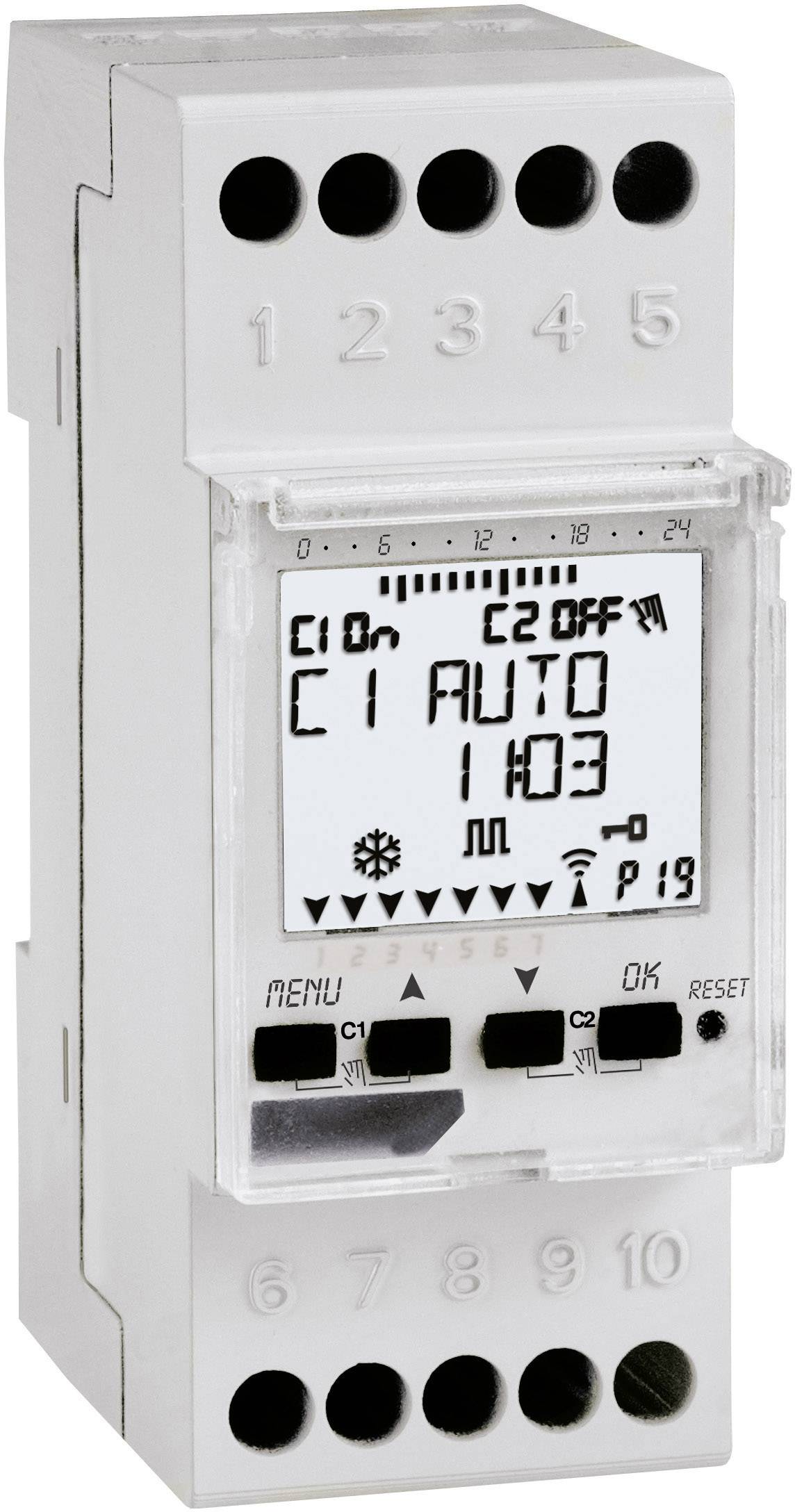 Elektronischer Heizungsregler mit Digitalanzeige. Zeigt 'C1 AUTO 11:03'. Funktionen für Automatik, manuellen Betrieb und Kommunikation.