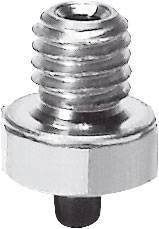A silver screw with a thread, beneath it a hexagonal nut and a cylindrical pin.