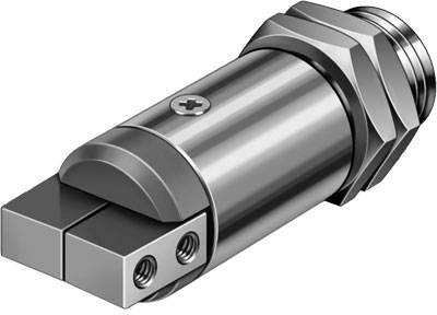 A metal component with a cylindrical shape and a screw on the top surface. It has a connecting nut and two square ends at the front.