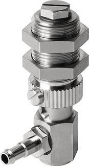Metallic pneumatic valve with multiple hexagonal nuts and an inlet. Used for controlling air flows in machinery.