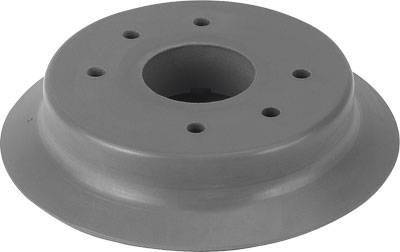 A round grey metal disc with several small holes and a large central opening.