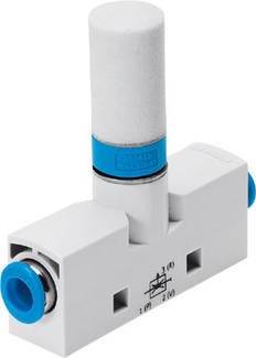 A white pneumatic valve with a blue ring and cylinder. Operating and functional symbols are depicted on the valve.